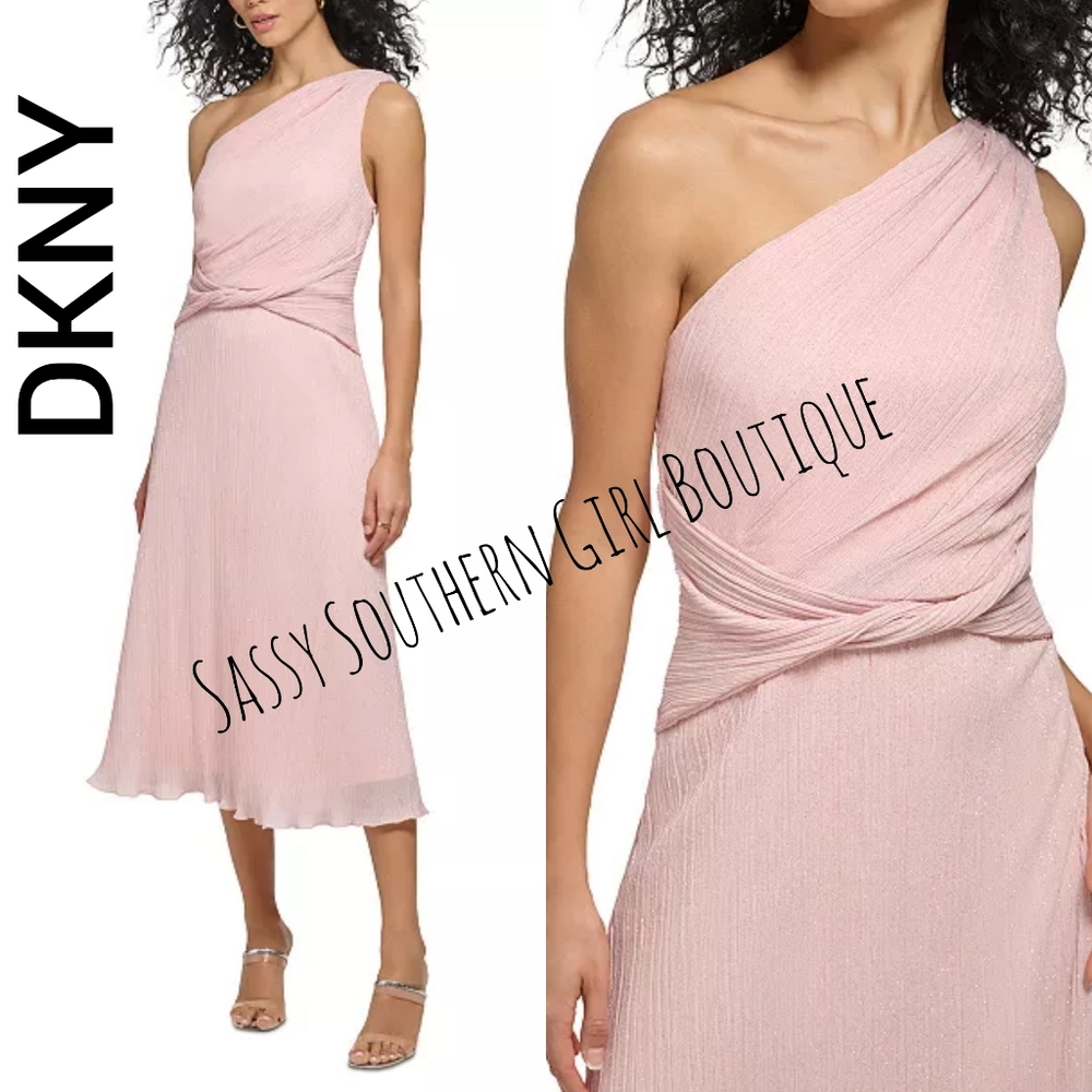 🆕⭐DKNY pink shimmer one shoulder midi dress
